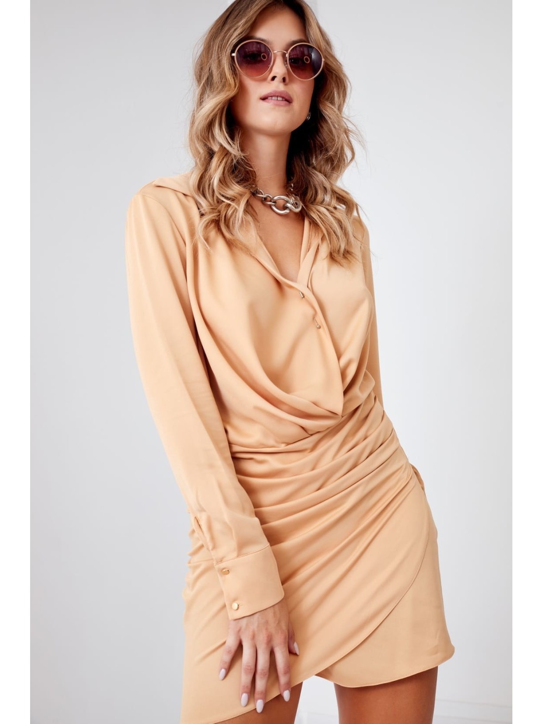 Rochie camasa wrap cu drapaj, bej 110537 - Magazin online - Boutique